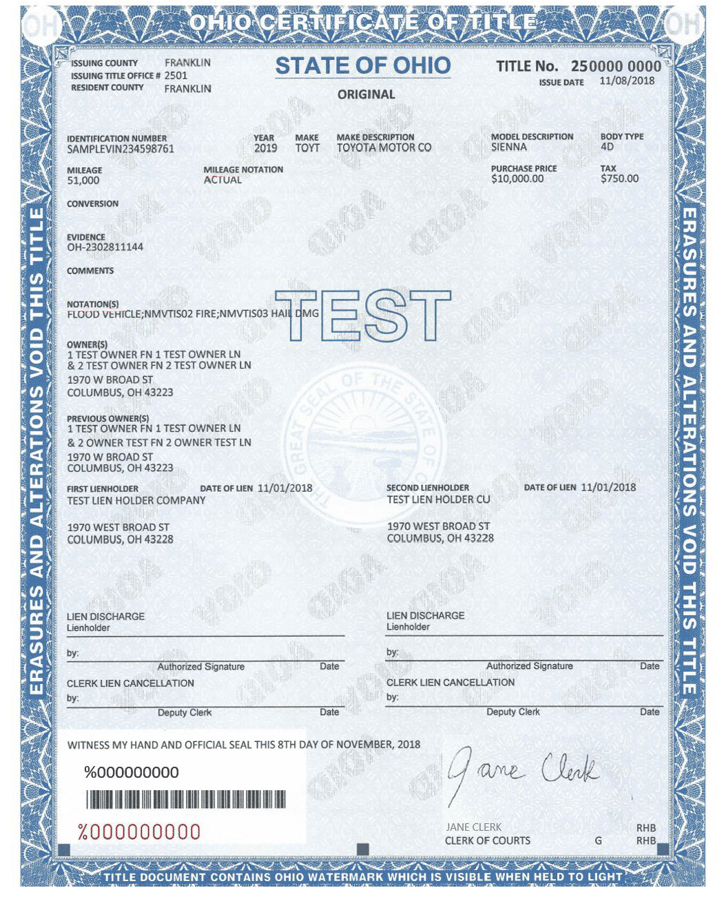 Front of Ohio Certificate of Title